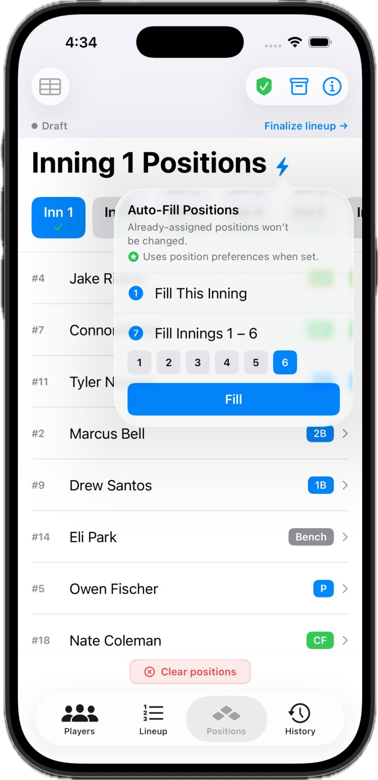 Stack the Lineup Auto-Fill Positions screen showing inning-by-inning defensive assignments on an iPhone