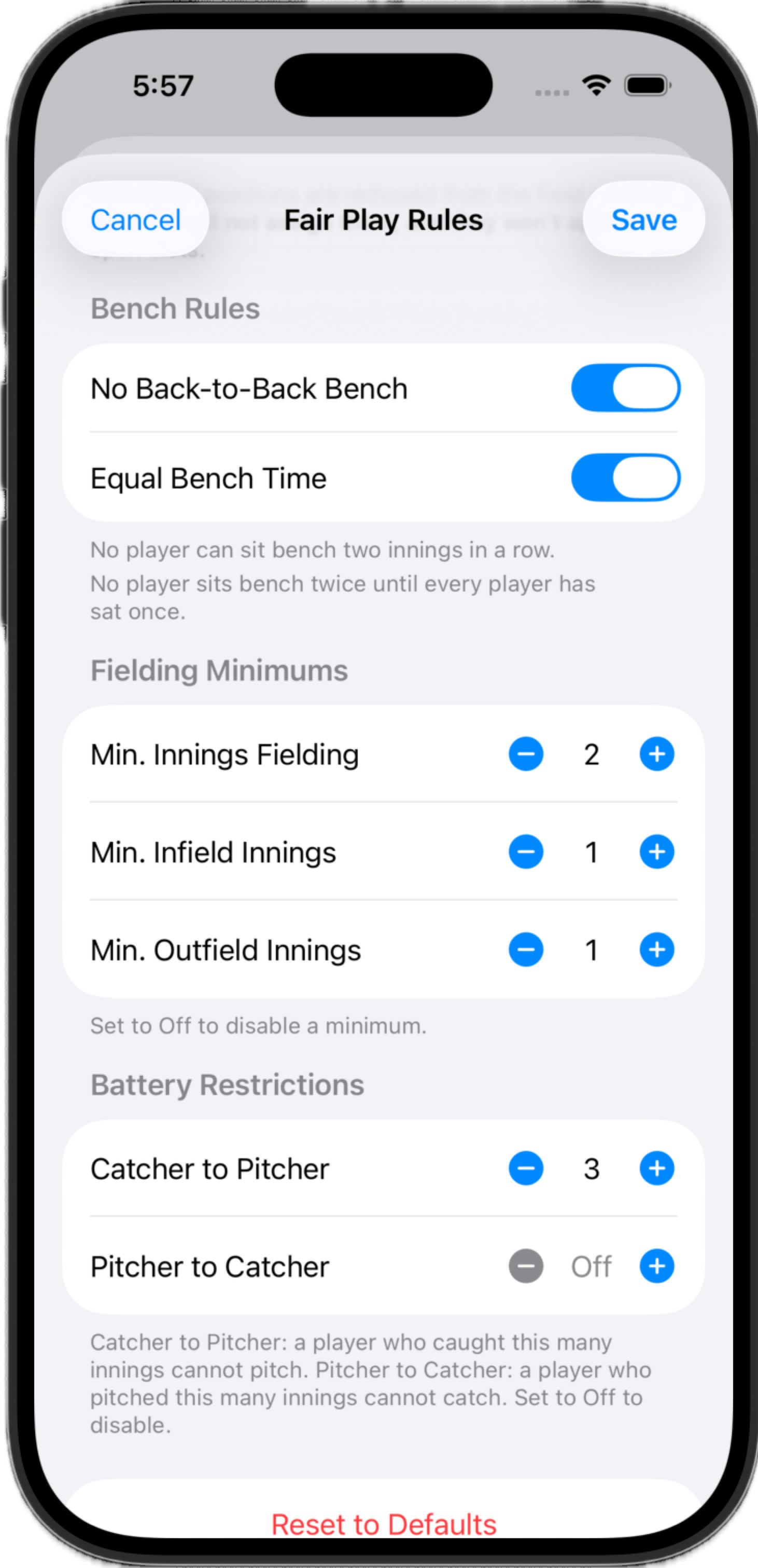 Fair Play Rules sheet with toggles for no back-to-back bench and equal bench time, steppers for minimum fielding, infield, and outfield innings, and catcher-to-pitcher restrictions