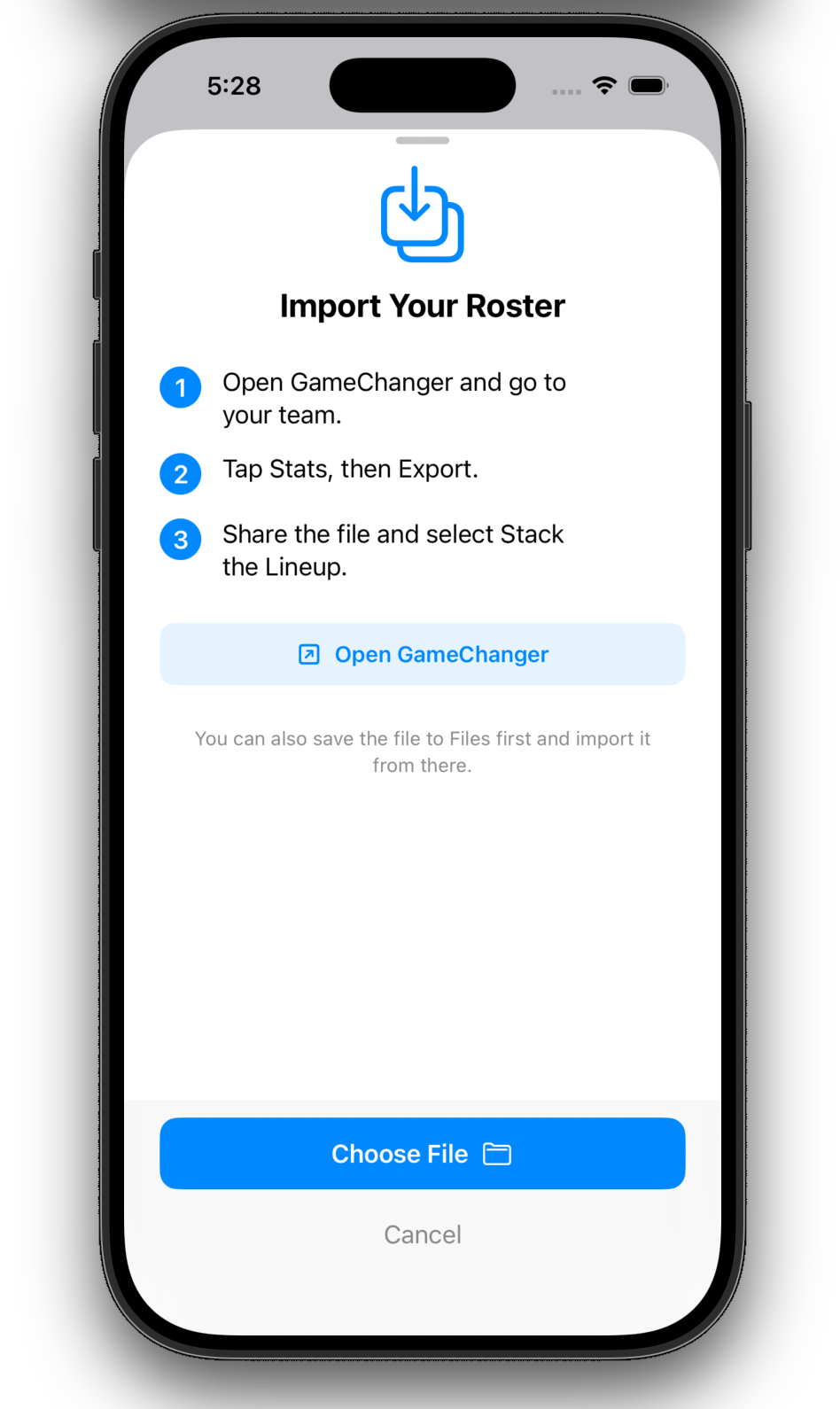 Import Your Roster sheet with step-by-step instructions to export from GameChanger and a Choose File button