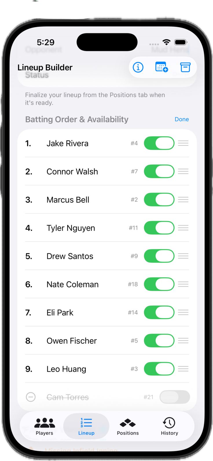 Lineup Builder showing the batting order with availability toggles, including an absent player toggled off, and drag handles for each player