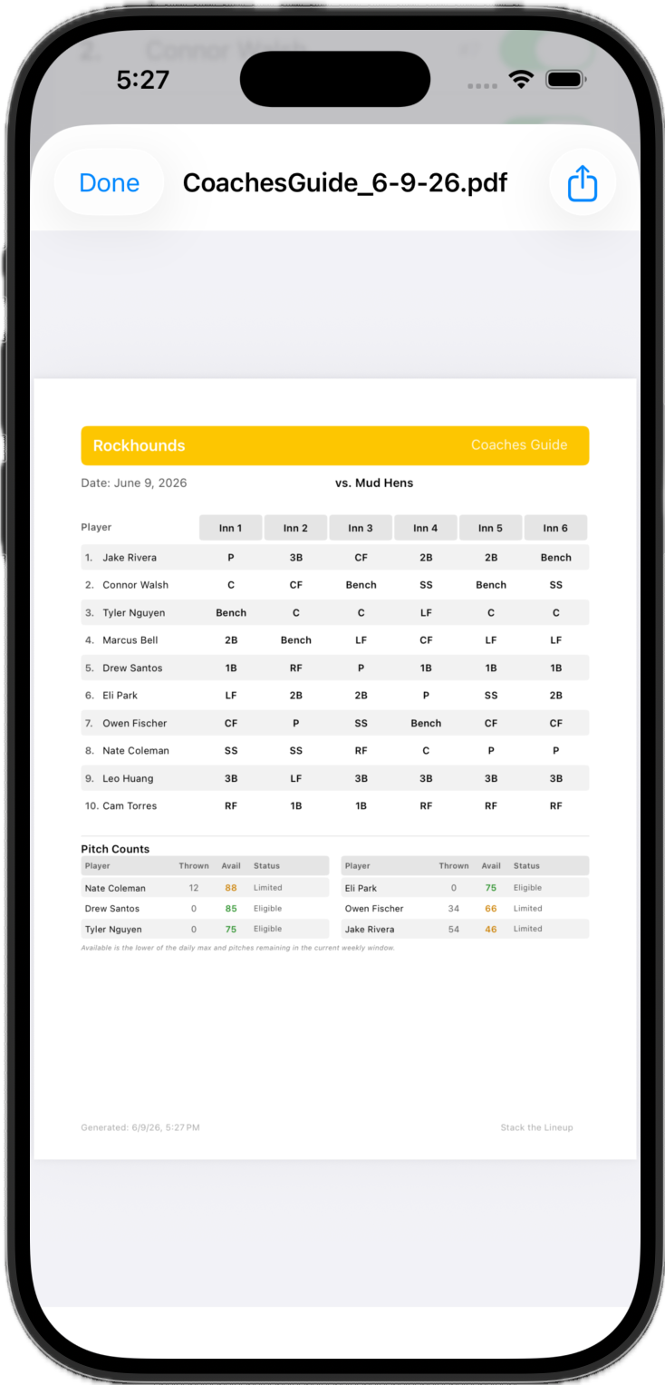 Coaches Guide PDF export showing the batting order and inning-by-inning defensive grid for the Rockhounds