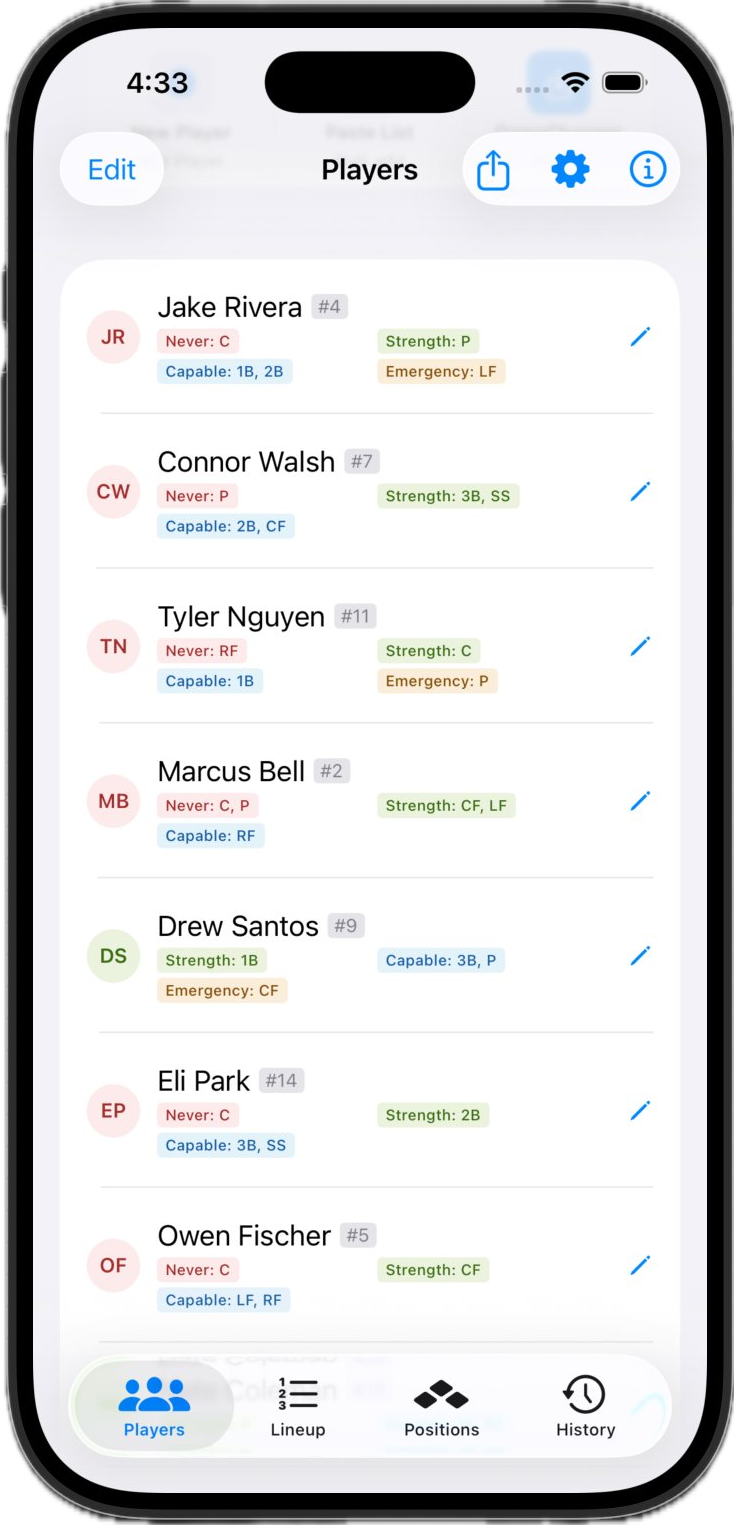 Players tab showing roster with position preference tags such as Strength, Capable, Emergency, and Never for each player