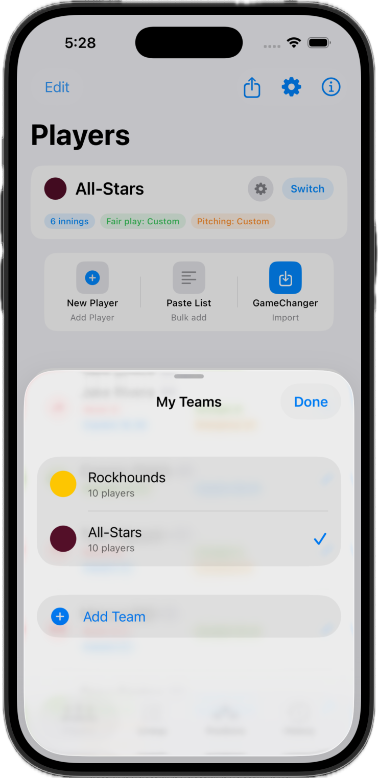 My Teams switcher showing the Rockhounds and All-Stars rosters, the selected team highlighted with a checkmark, and an option to add a team